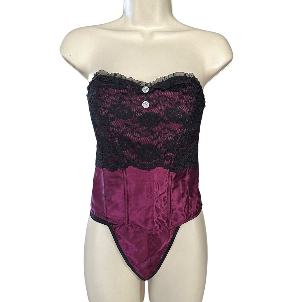 Vacodo Women's Corset Bustier Top & Bottom Set Satin & Lace w/ Tie Side Zip Sz L